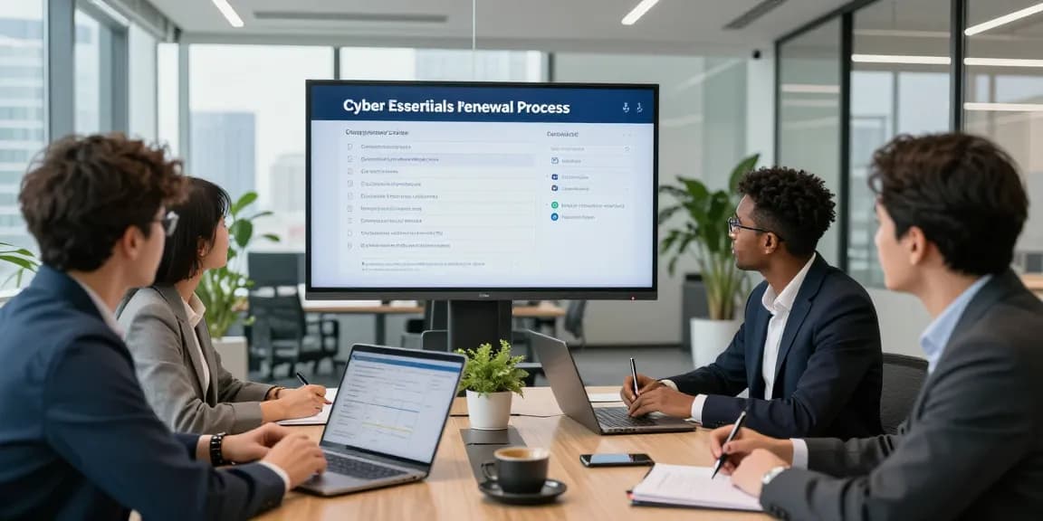 Cyber Essentials renewal process discussion with a cybersecurity team in a modern office, emphasizing compliance and strategy.