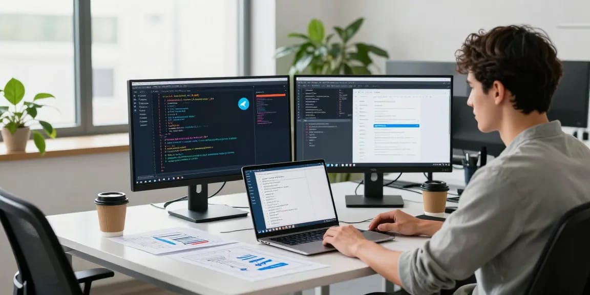 Download Telegram on a modern tech workspace with a developer coding.