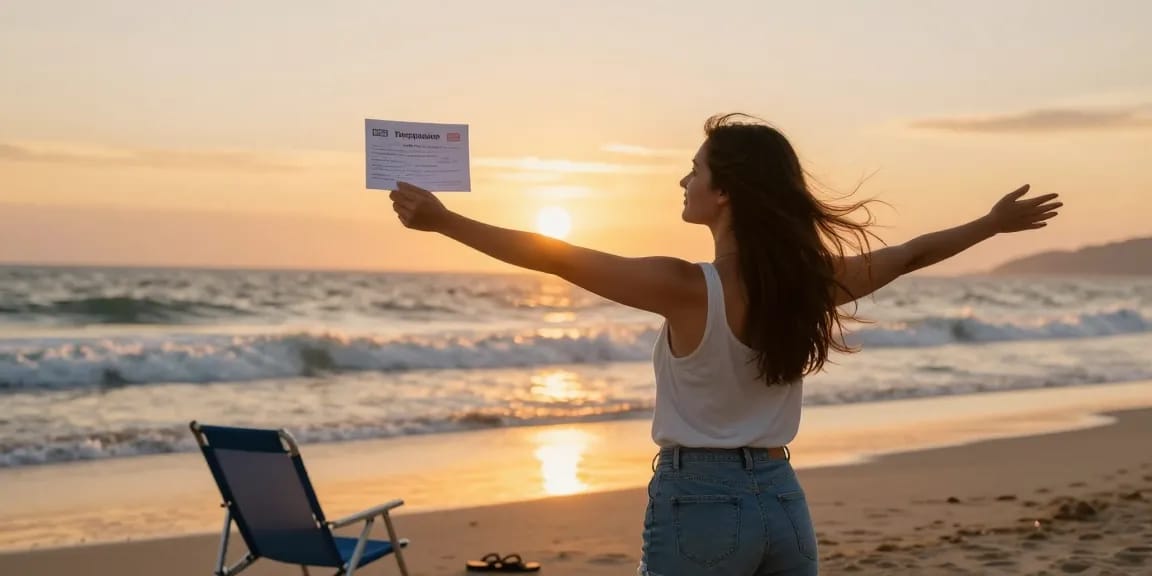 Individual celebrating freedom to cancel my timeshare at sunset on a beach.