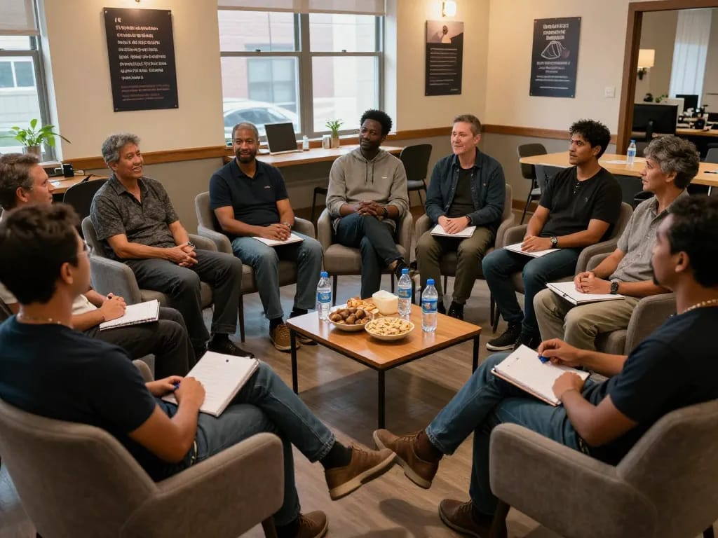 Men club members engaging in supportive discussion, promoting mental wellness.