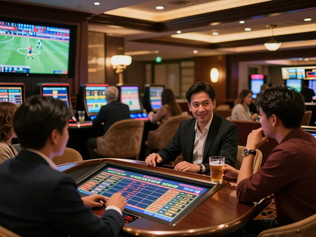 Vin88 patrons analyzing betting odds in a vibrant sports betting lounge at a high-end casino.