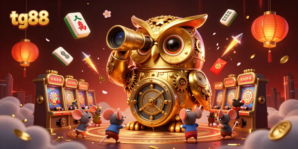 Engage in thrilling gameplay at tg88 with a vibrant casino illustration showcasing a golden owl and animated characters.