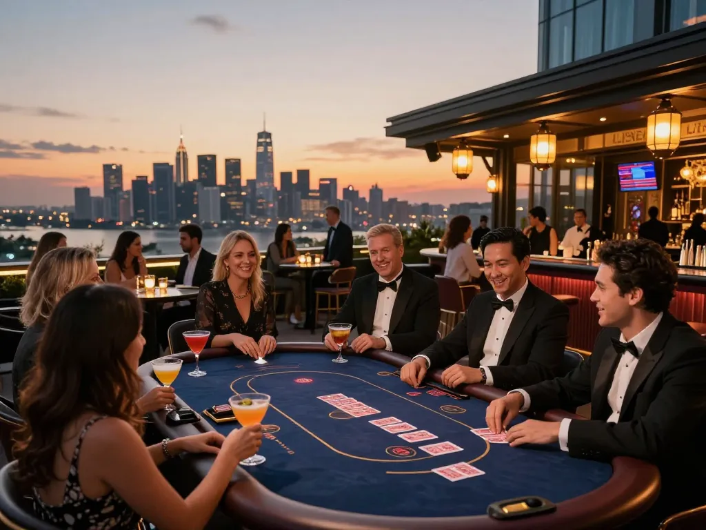 Players strategizing at Five88 poker table in an upscale rooftop casino bar.
