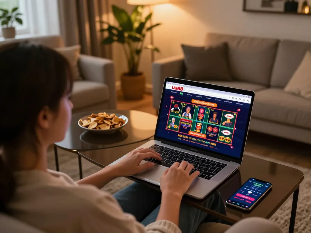 Engaged player enjoying uu88 online casino games on laptop in a cozy setting