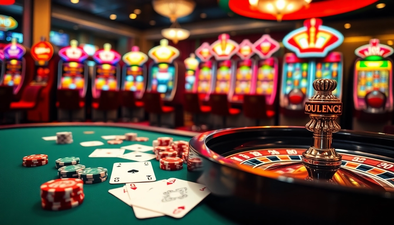 Players enjoy a thrilling game at LU88's vibrant casino table, featuring cards, chips, and roulette.