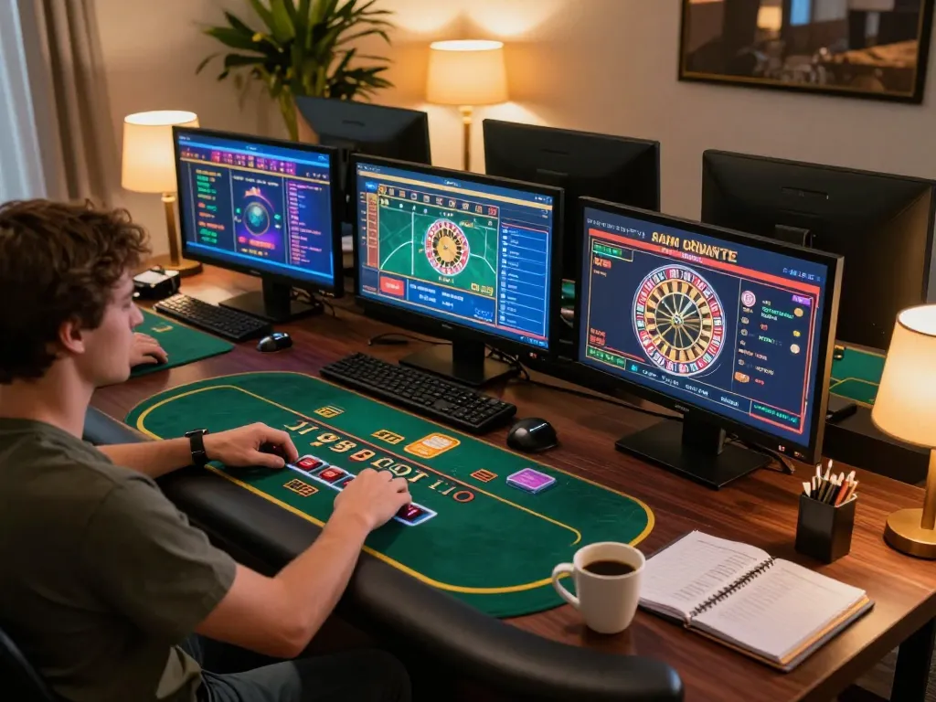 Player exploring casino games on multiple screens, highlighting the impactxoft experience in online gaming.