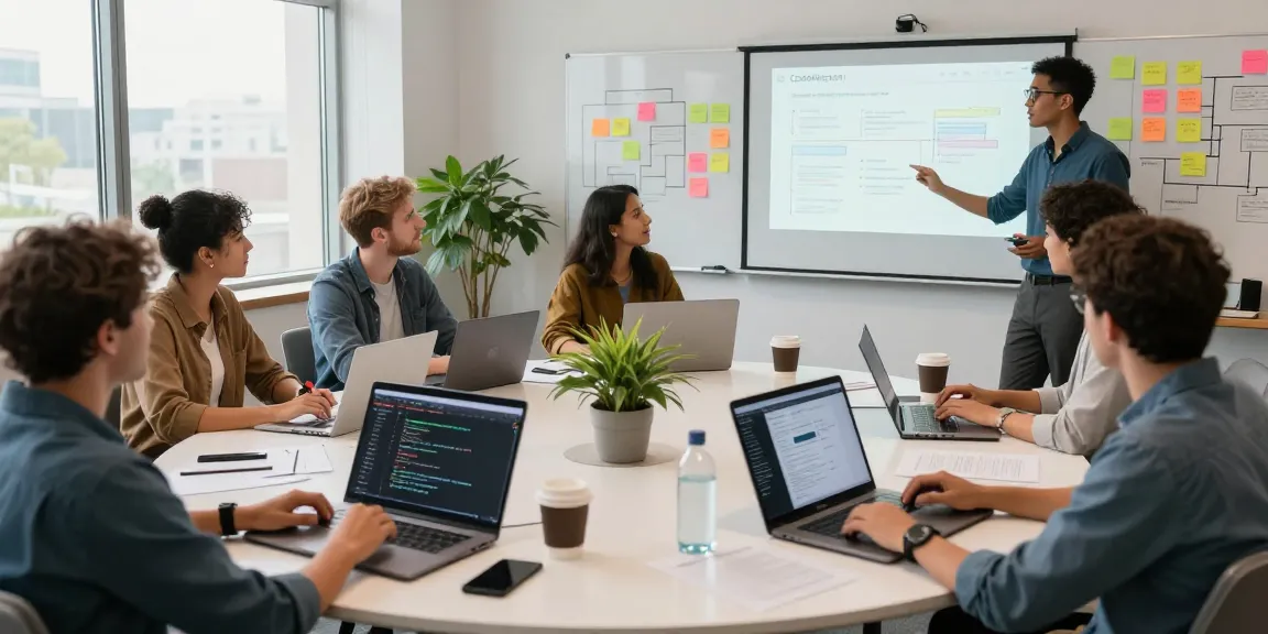 Developers collaborating on CodeMason software project in a modern office