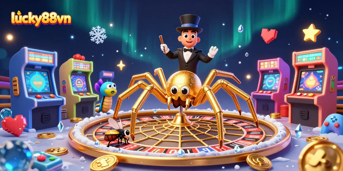 Spin the roulette wheel with lucky88vn as the golden spider weaves colorful gaming elements in a vibrant casino scene.