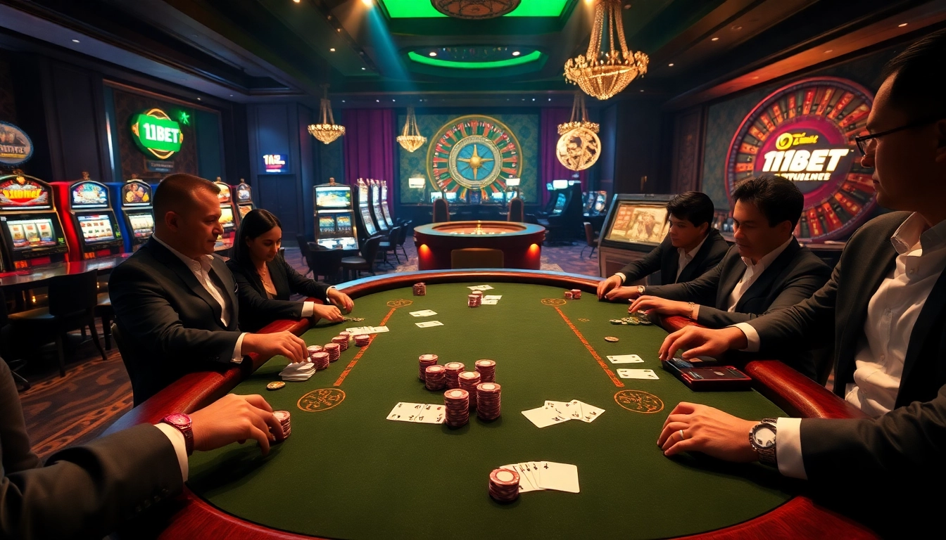 Exciting poker game at a luxurious casino featuring 11bet elements and vibrant atmosphere.