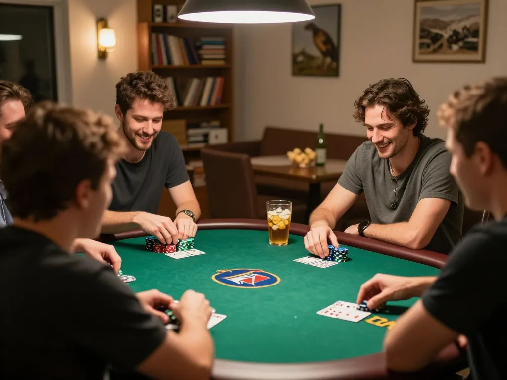 Friends enjoying a poker game at home, showcasing strategic play with FABET chips on the table.