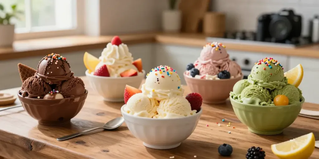 Delicious assortment of rokok88 slot ice cream flavors served on a wooden table, with vibrant toppings.