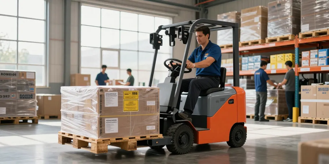 Electric pallet truck in a busy warehouse environment, showcasing efficient material handling.