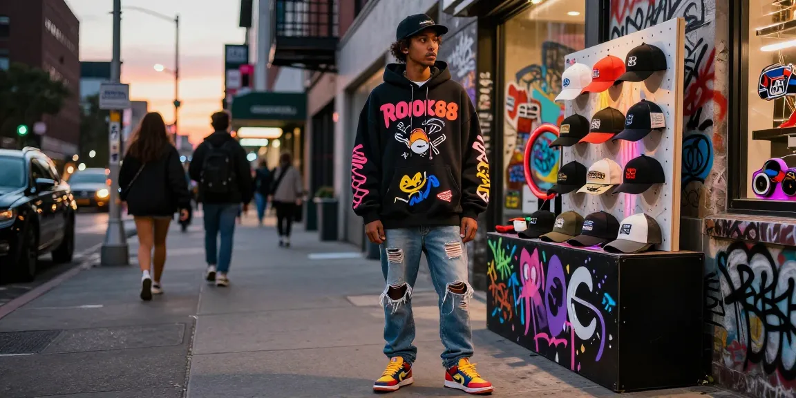 Stylish urban street scene with individual showcasing rokok88 streetwear fashion during sunset.