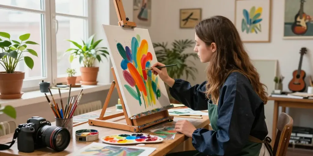 Sarahmehu painting in a vibrant creative studio filled with artistic supplies.