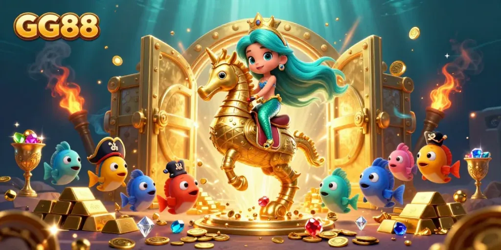 Engage with GG88's vibrant underwater casino world featuring a mermaid and a seahorse among treasures.