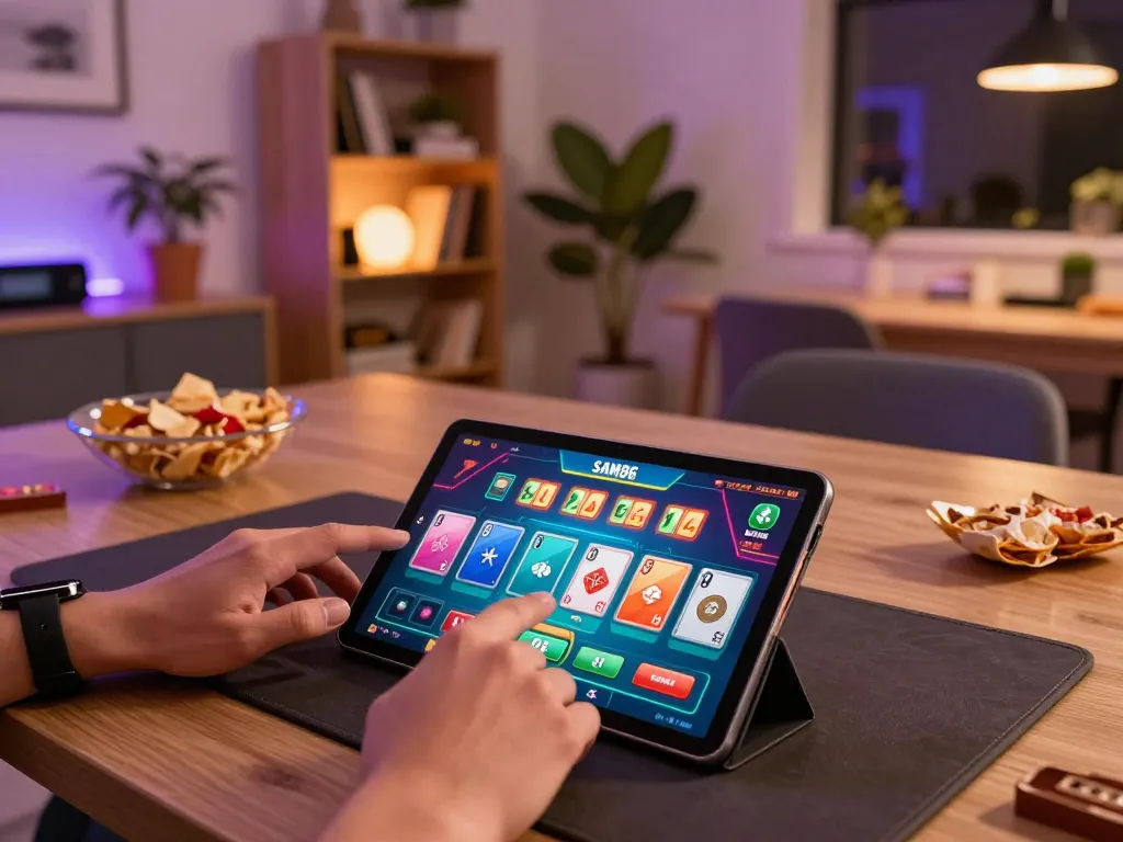 Playing sam86 with a tablet while enjoying a cozy home gaming atmosphere