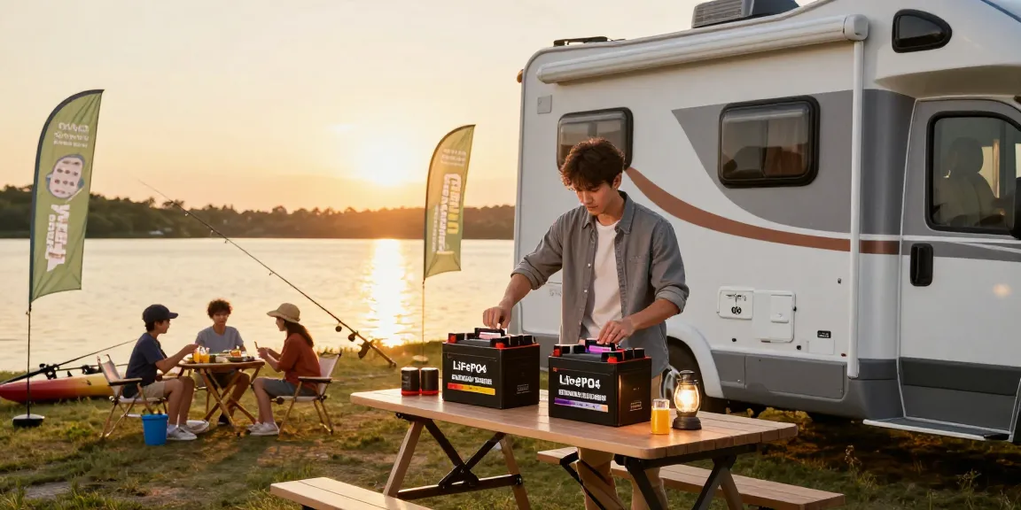 Recreational vehicle powered by batterie lifepo4 setup at a lakeside campsite during sunset, showcasing eco-friendly outdoor activities.
