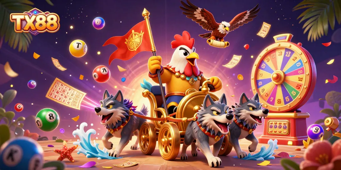 Engage in TX88’s thrilling gaming experience with dynamic lottery balls and a fierce warlord chariot.