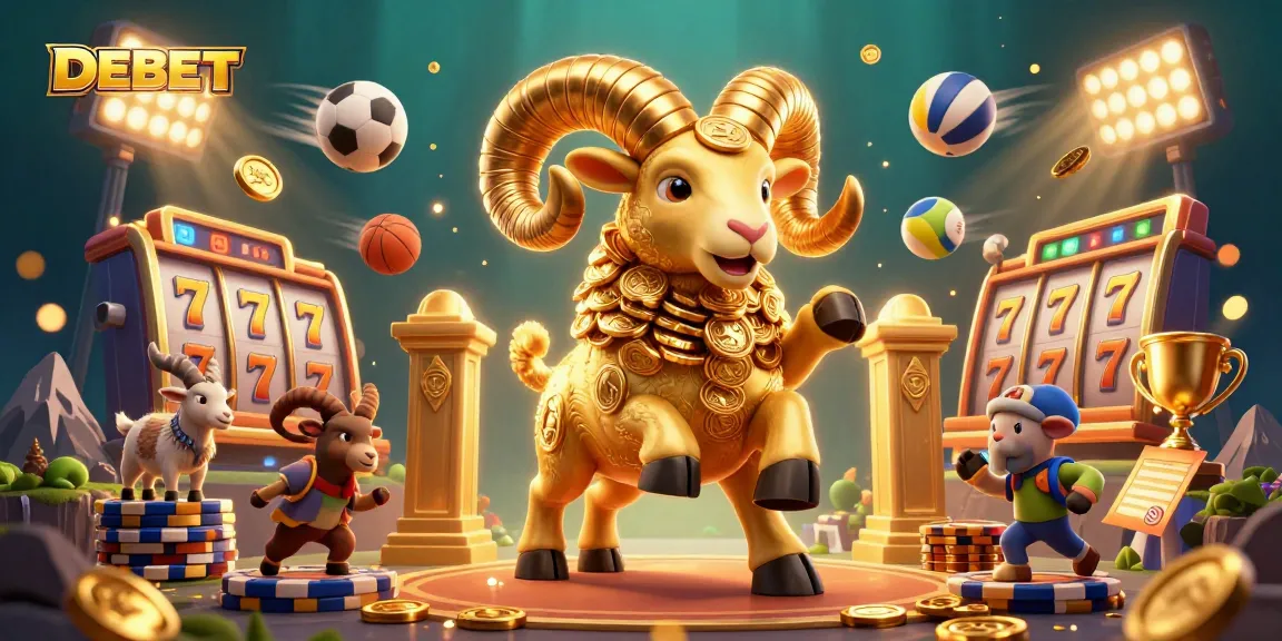 DEBET's massive golden ram charging through a golden gate amidst flying slot reels and sports balls.