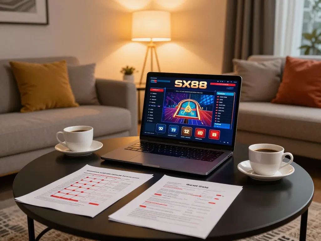 SX88 online gaming platform displayed on stylish laptop during a cozy home gaming session.