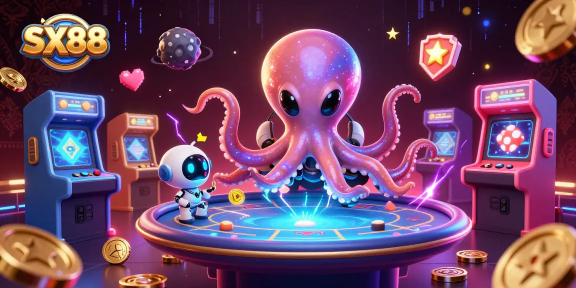 SX88 alien octopus explores an engaging holographic poker game with vibrant casino elements.