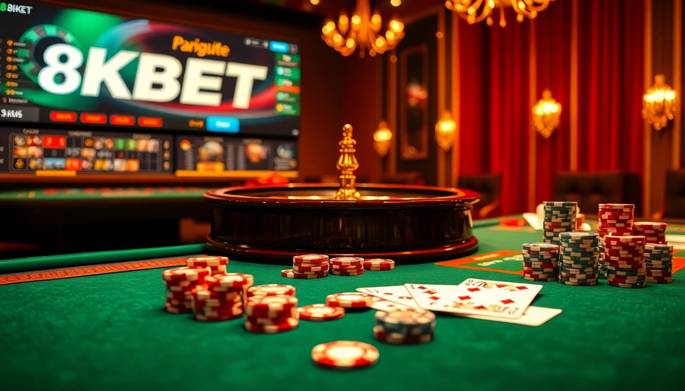 Experience the excitement of 8KBET casino with vibrant gaming tables, high-end chips, and a rich atmosphere.