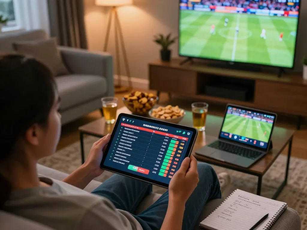 Person engaging in sports betting with DEBET app on tablet, displaying live odds during an exciting game.