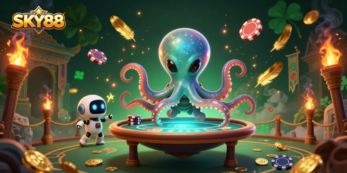 Engage with SKY88 as a cartoon alien octopus and robot enjoy poker in vibrant cosmic casino setting.