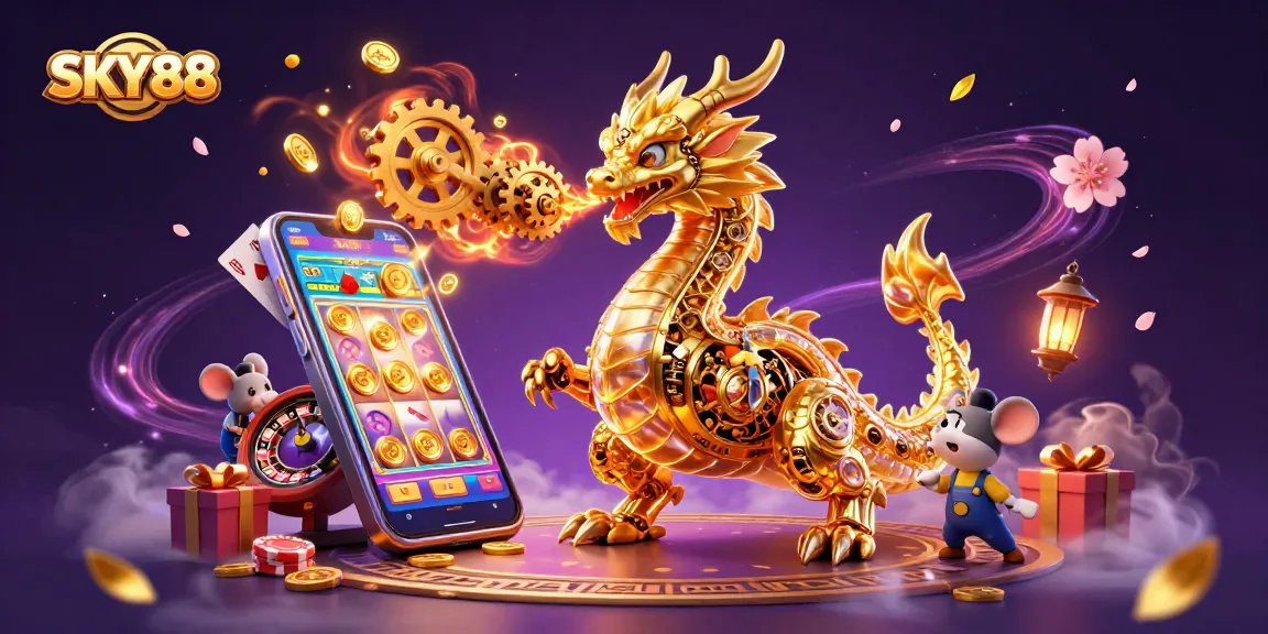 Win big with SKY88 as a golden dragon breathes treasure, enhancing the online casino experience.