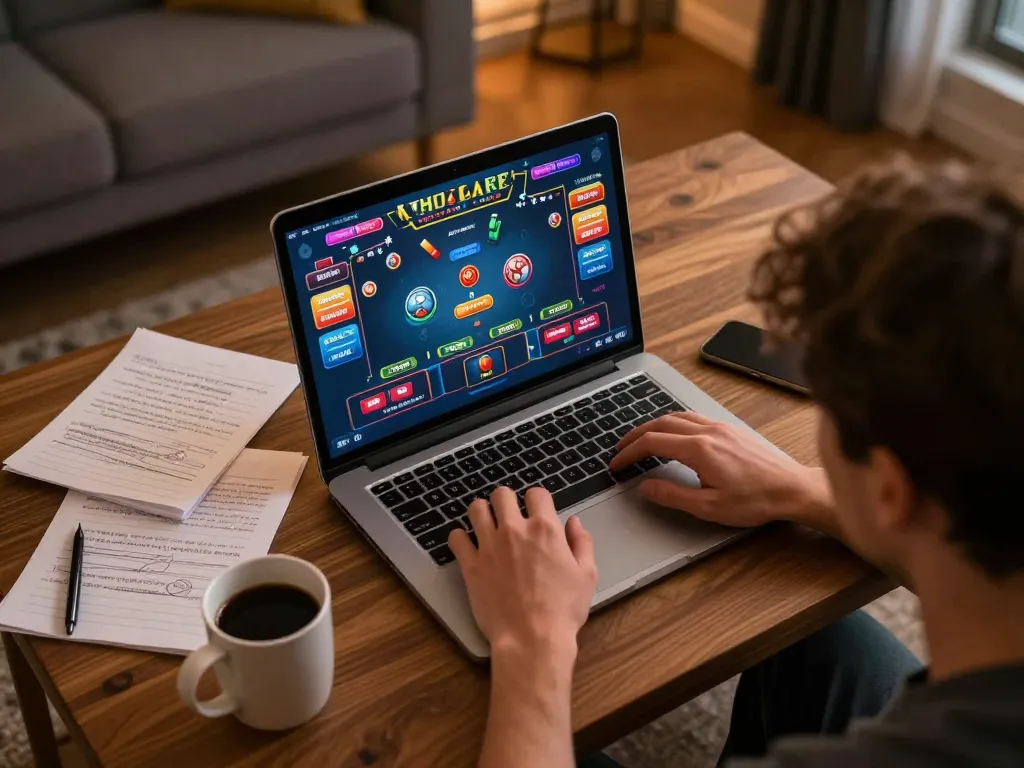 Player engaging in online gaming at https://www.dacsandatphanrang.com/ with cozy home setup and busy strategy notes.