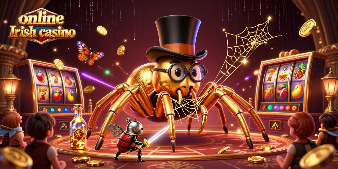 Engage with the dynamic online Irish casino scene featuring a giant golden tarantula and beetle knight in action.