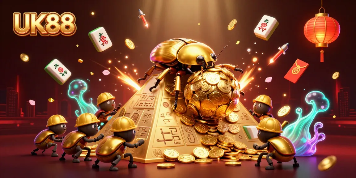 Experience UK88's thrilling casino adventure with golden beetles rolling coins and vibrant game elements.