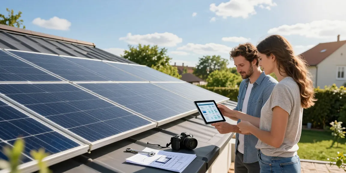 Couple inspecting newly installed panouri fotovoltaice on a sunny rooftop, showcasing sustainable energy choices.