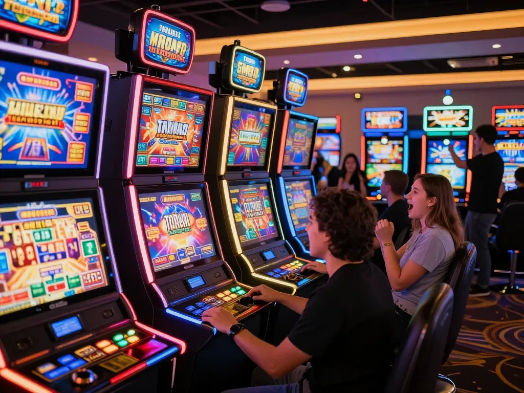 Players enjoying diverse slot machines at torxentertainment, celebrating wins with excitement.