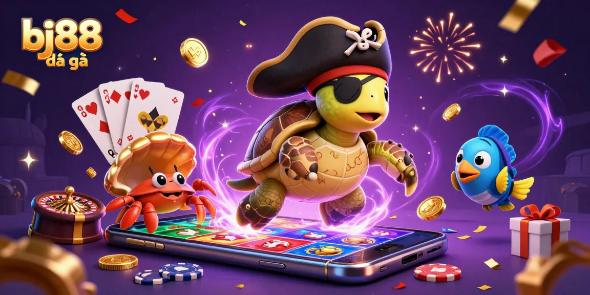 Experience the thrill of bj88 đá gà with vibrant 3D casino characters celebrating above treasures.
