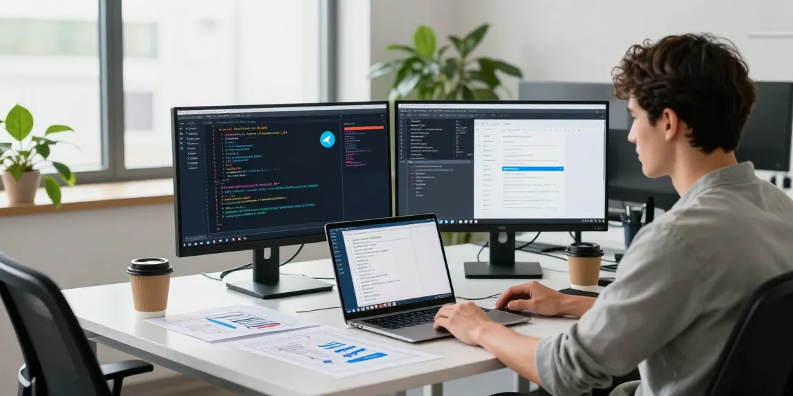 Download Telegram on a modern tech workspace with a developer coding.