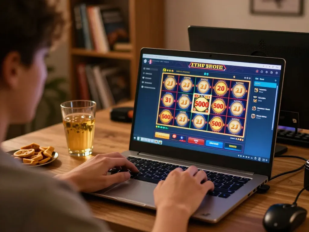 Player engaging with slot deposit 5000 games on a laptop, showcasing an inviting online gaming setup