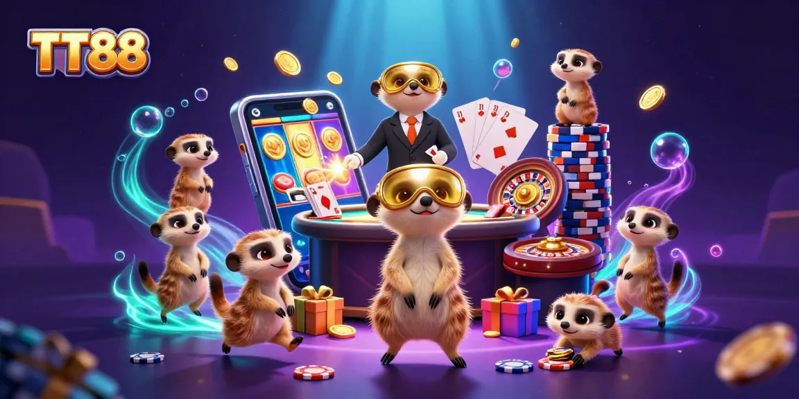 TT88 meerkats managing a vibrant casino scene with colorful slot games and action-packed elements