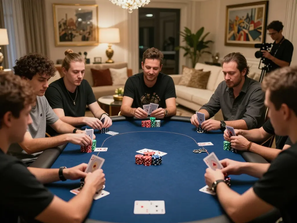 Players enjoying poker at a luxury home game night, showcasing strategic excitement at FIVE88.