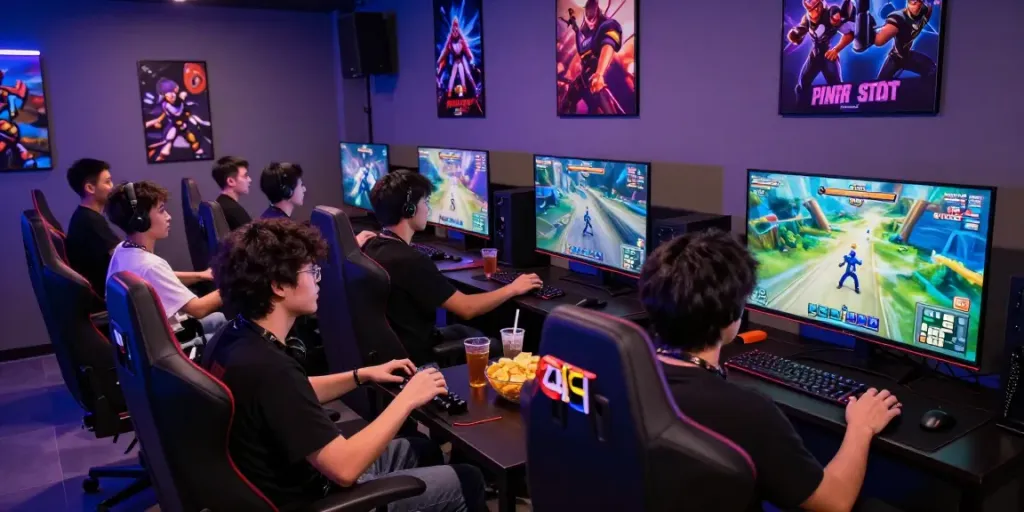 Friends playing rokok88 in a vibrant gaming lounge with snacks and LED lights.