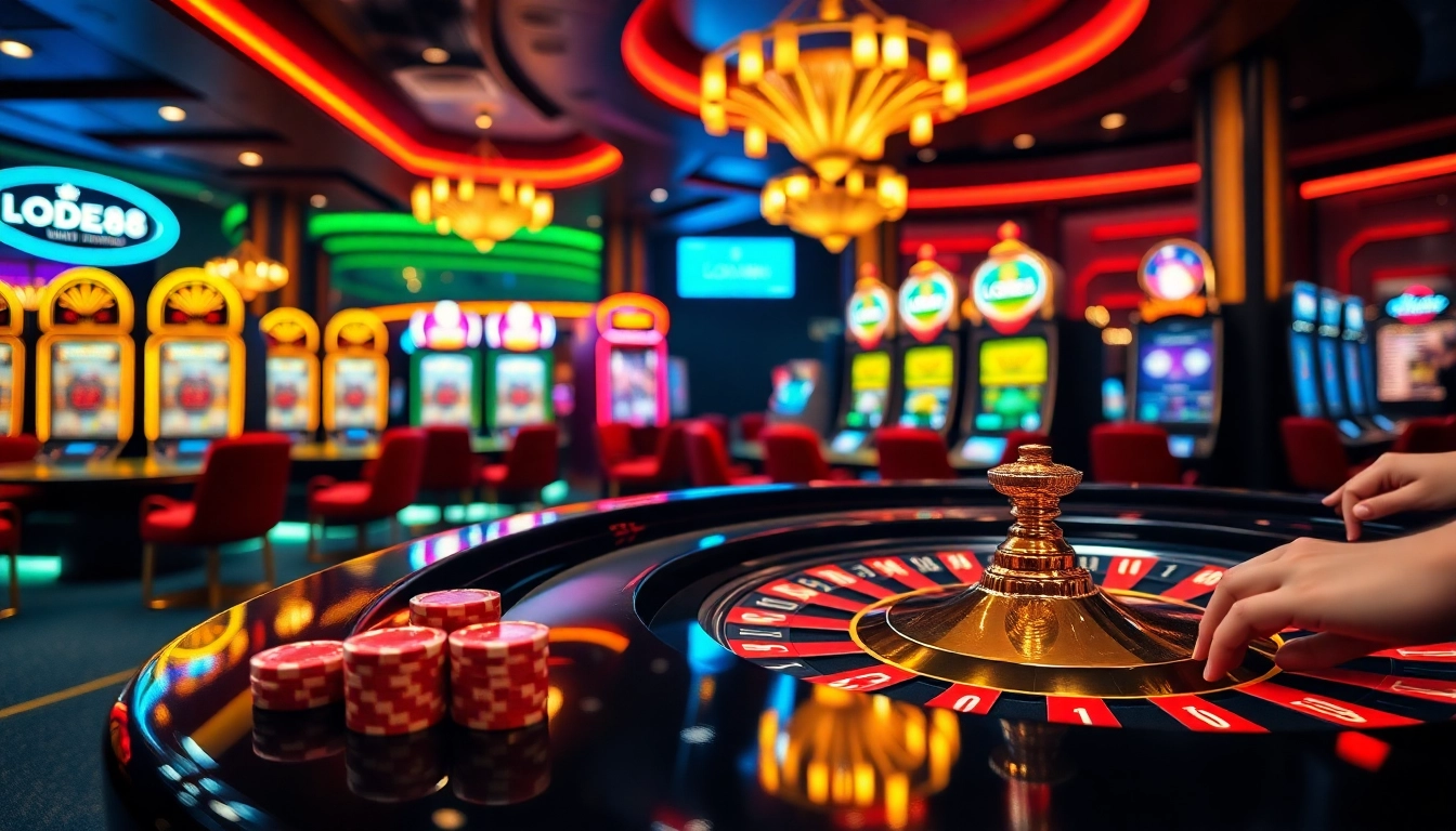 lode88 players enjoying a thrilling moment at a roulette table in a luxurious casino setting