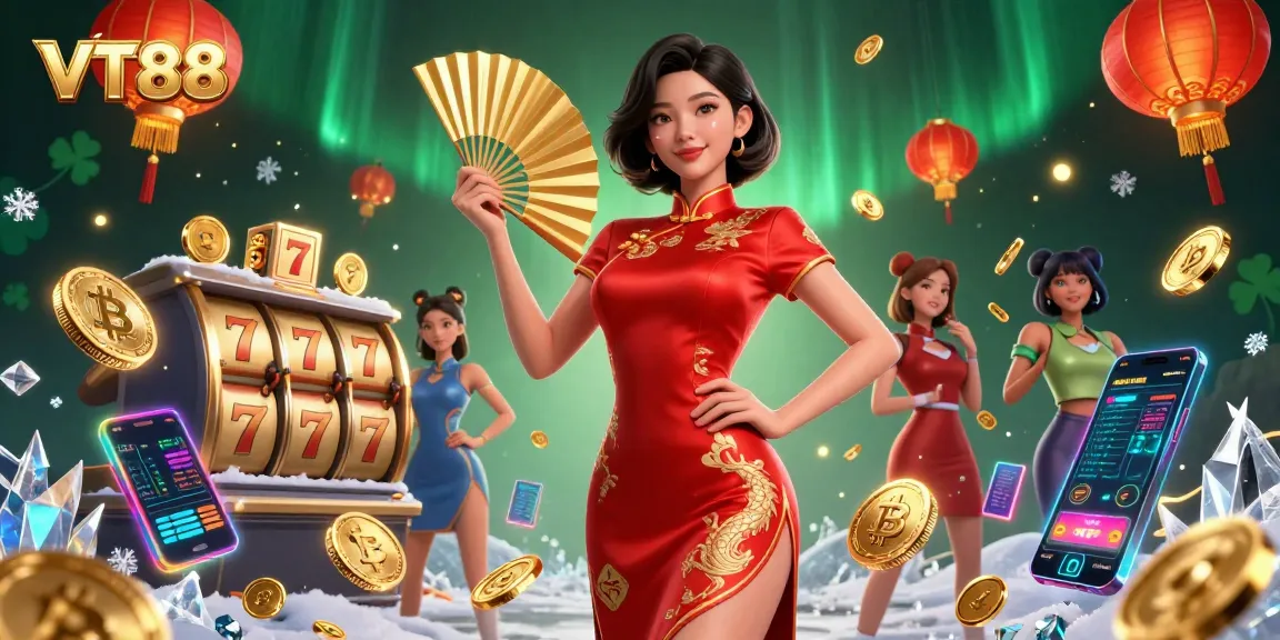 Engage with VT88 in a captivating casino experience featuring vibrant characters, slot elements, and cryptocurrency