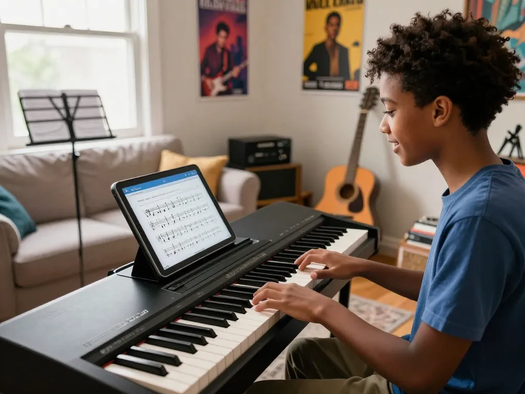 Youthfully engaged in music lessons on the go 88 digital piano, located in a lively practice room setting.