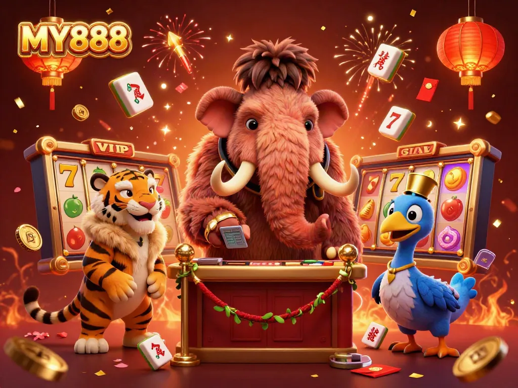 Engage in vibrant gambling with MY888's illustrated casino scene featuring characters and dynamic elements.