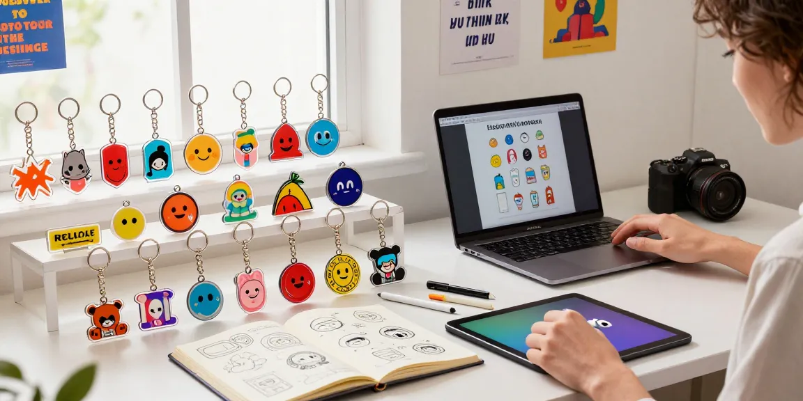 Custom keychains displayed in a modern workspace, showcasing vibrant designs and personalization options for creative selection.