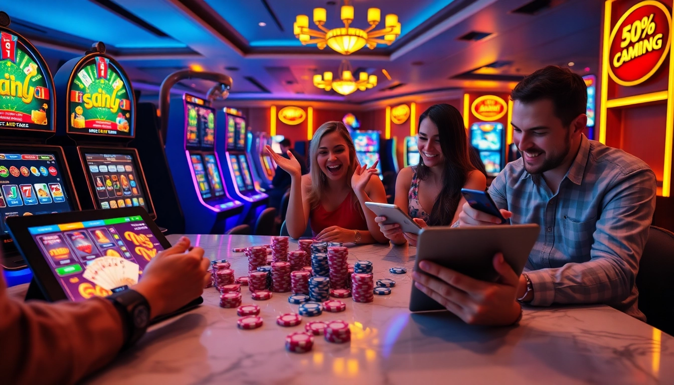Experience the thrill of winning with slot deposit pulsa in an exciting online casino scene featuring vibrant slot machines.