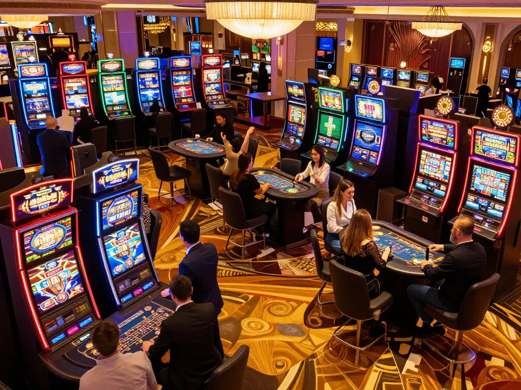 KP88 players enjoying vibrant slot machines and table games in a luxurious casino atmosphere