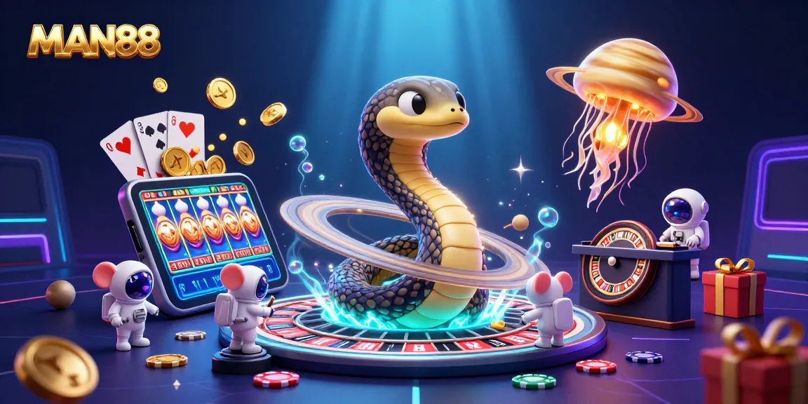 Experience the thrill of betting with MAN88 in a cosmic casino scene showcasing playful astronaut mice and a vibrant golden jellyfish.