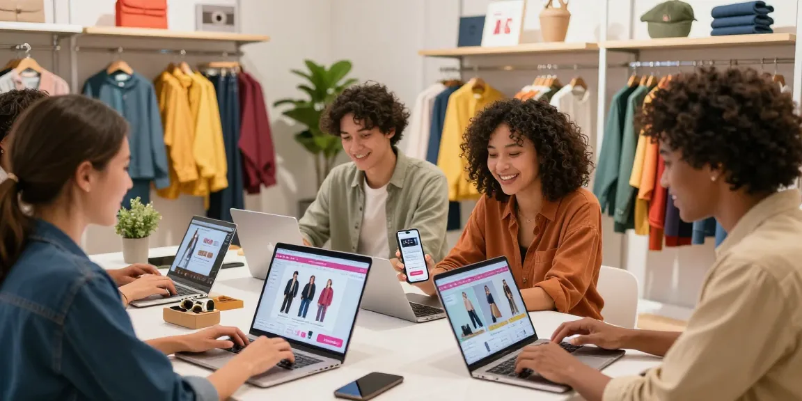Optimize your e-commerce with a diverse group browsing stylish online clothing in a vibrant digital store.