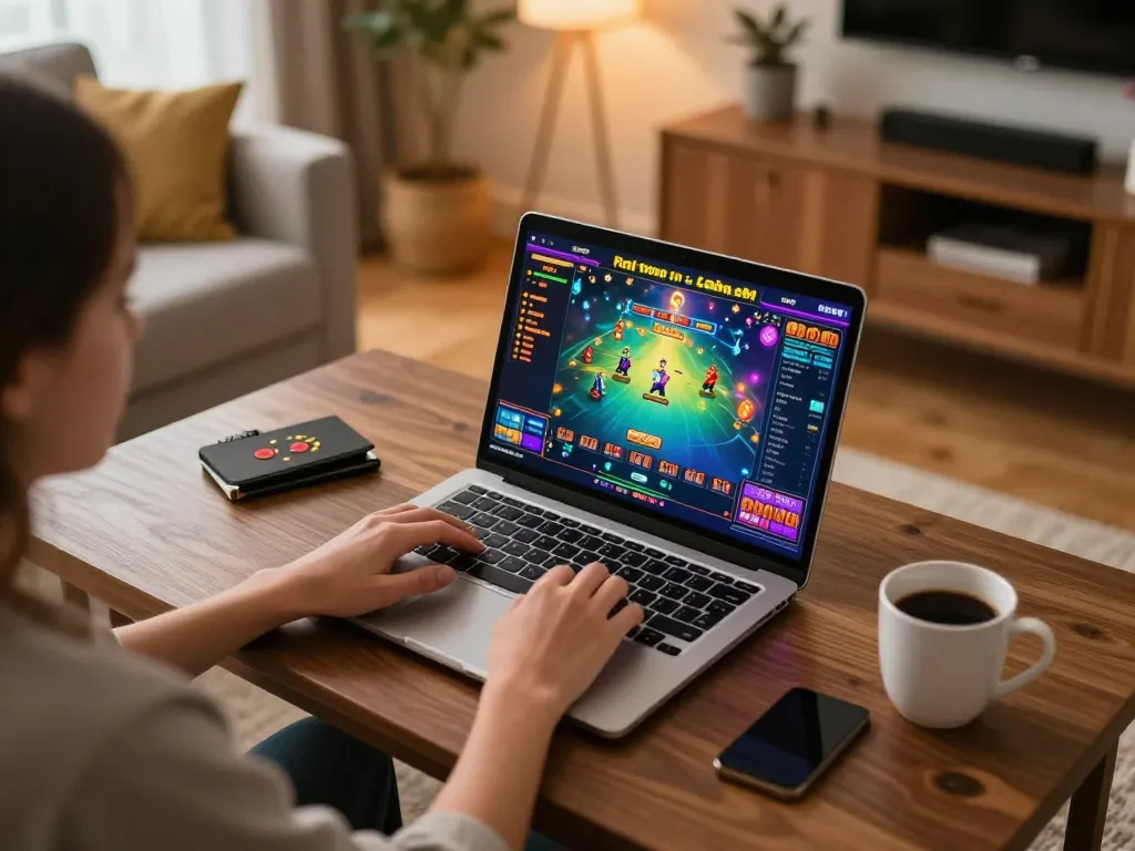 Player enjoying F168 online casino gaming on a laptop at home, emphasizing engagement and strategy.